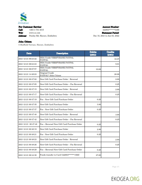 Relevé bancaire Standard Chartered du Zimbabwe, modèle Excel et PDF